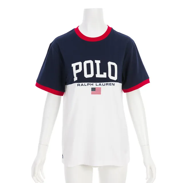 【RALPH LAUREN】印花文字logo及國旗圖案 短袖 T-shirt(深藍/白/紅邊)(L)