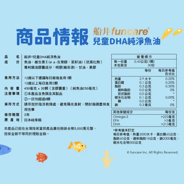 【funcare 船井生醫】85%DHA日本進口rTG高濃度兒童純淨魚油5入組(30顆/盒；提升專注力學習力)