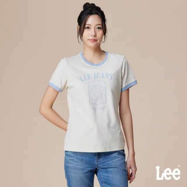 【Lee】女裝 短袖T恤 / 撞色 LEEJEANS花卉印花 奶霜白 標準版型 / LB602029721