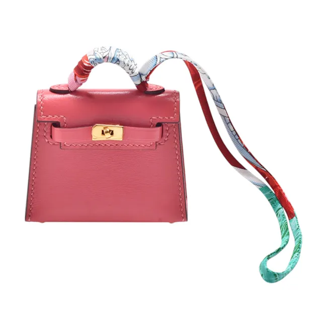 【Hermes 愛馬仕】經典 Mini Kelly Twilly Bag牛皮金釦吊飾/掛飾(桃粉色)