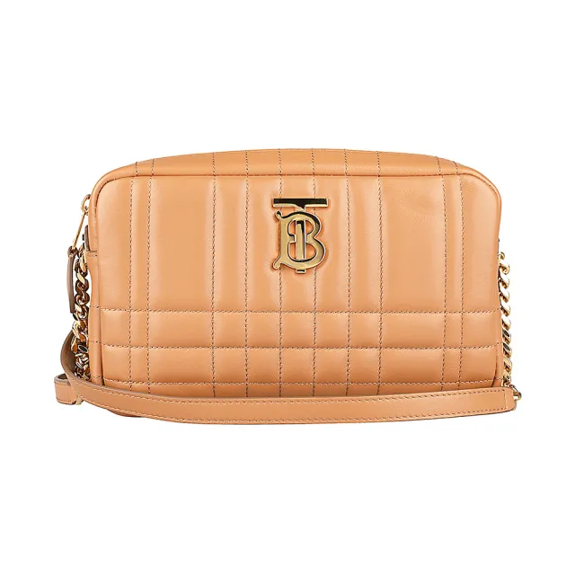 【BURBERRY 巴寶莉】BURBERRY LOLA TB字母LOGO格紋小羊皮拉鍊斜背相機包(褐)