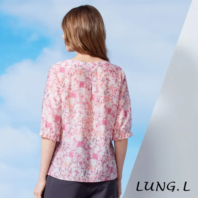 【LUNG.L 林佳樺】LW45A 粉色印花輕盈天絲五分袖女裝上衣