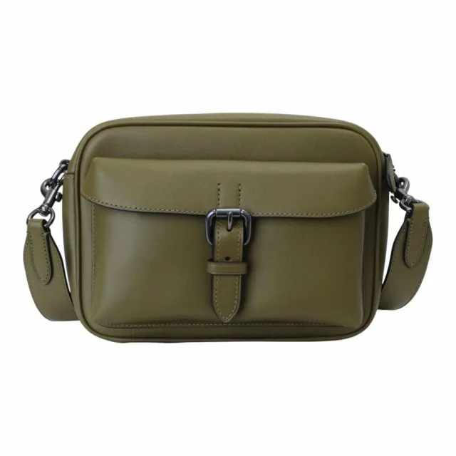 【COACH】Warner 雙皮帶牛皮革斜背包(軍綠色)