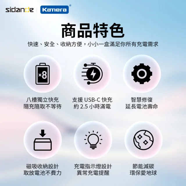 【Sidande 斯丹德】3號AA 1.5V恆壓可充式鋰電池8入 + 3號鋰電八槽收納充電器 (套裝組)