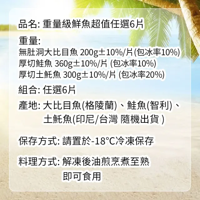 【築地一番鮮】重量級｜大比目魚+厚切鮭魚+厚輪切土魠魚｜6片任選組