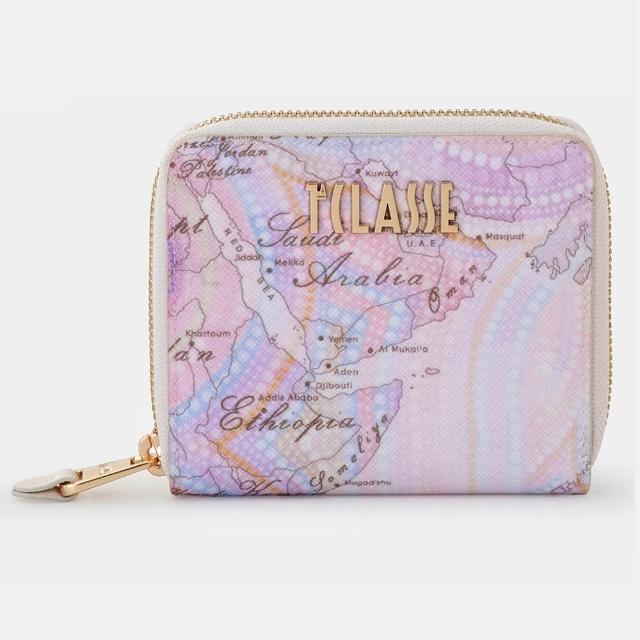 【Alviero Martini】義大利地圖包 螺旋雲彩 ㄇ字拉鍊5卡零錢袋短夾 -柔粉紫色