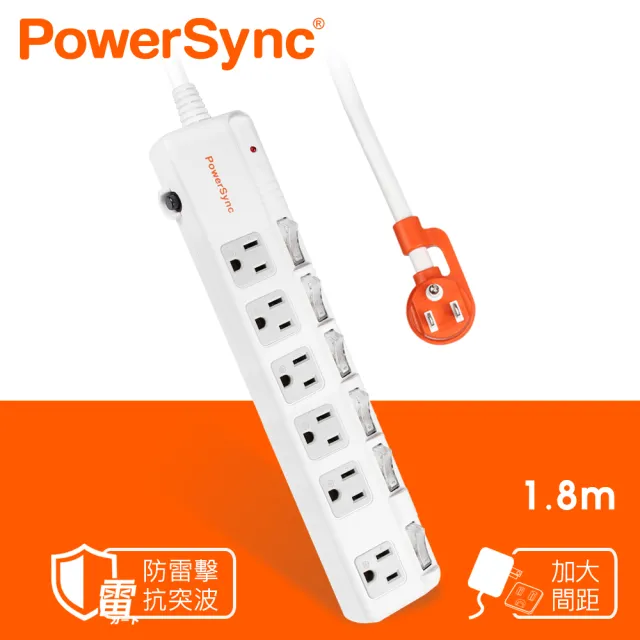 【PowerSync 群加】6開6插防雷擊斜面開關延長線/1.8m(TPS366BN9018)
