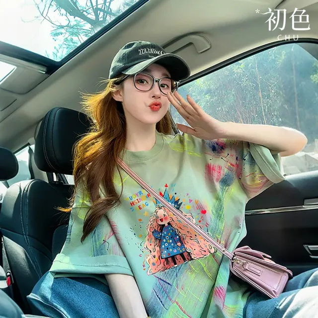 【初色】韓系童趣風卡通印花寬鬆中長款圓領短袖T恤上衣女上衣-共2色-19397(M-2XL可選)