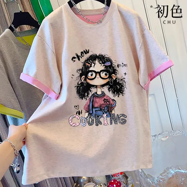 【初色】韓系慵懶風寬鬆撞色印花短袖圓領T恤上衣女上衣-共2色-19358(M-4XL可選)