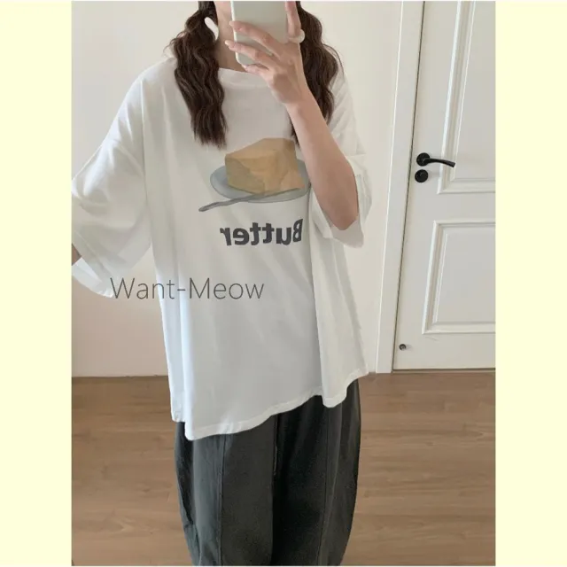【Want-Meow】90公斤可穿/短袖日系奶油/寬鬆棉T大尺碼上衣大尺碼T恤(大碼/大尺碼/加大碼)