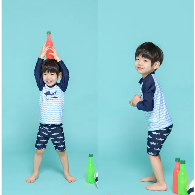 【橘魔法】海浪鯊魚防曬泳衣+五分泳褲+泳帽 3件式 男童 兒童 童裝 泳裝 玩水褲 兒童水母衣 長袖泳衣
