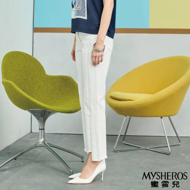 【MYSHEROS 蜜雪兒】造型牛仔面料長褲 雙邊玫瑰刺繡鑽飾 不規則褲腳設計(白)