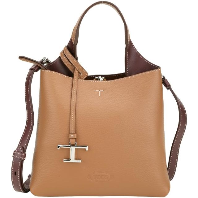 【TOD’S】TODS APA 附T字吊飾荔枝紋小牛皮手提/肩背包-棕色(義大利手工皮革)