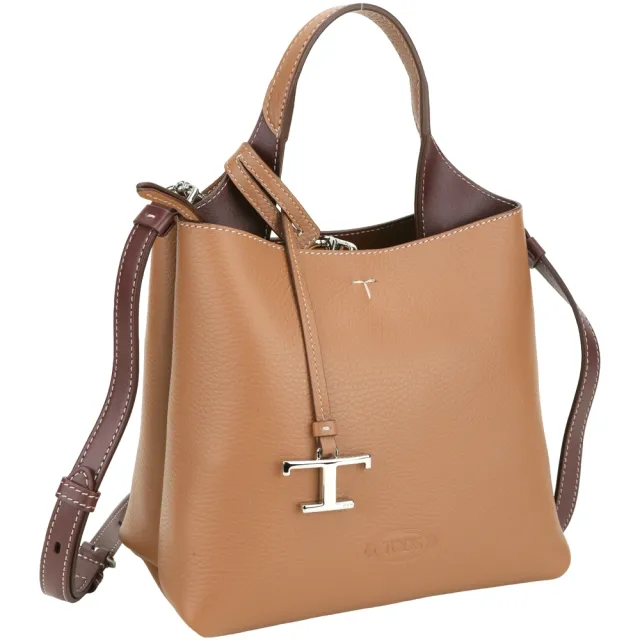 【TOD’S】TODS APA 附T字吊飾荔枝紋小牛皮手提/肩背包-棕色(義大利手工皮革)