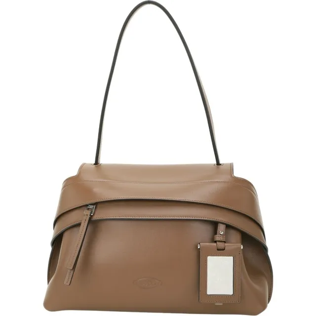 【TOD’S】TODS Wave 小款 字母壓印壓紋牛皮翻蓋拉鍊肩背包-棕色(義大利手工皮革)