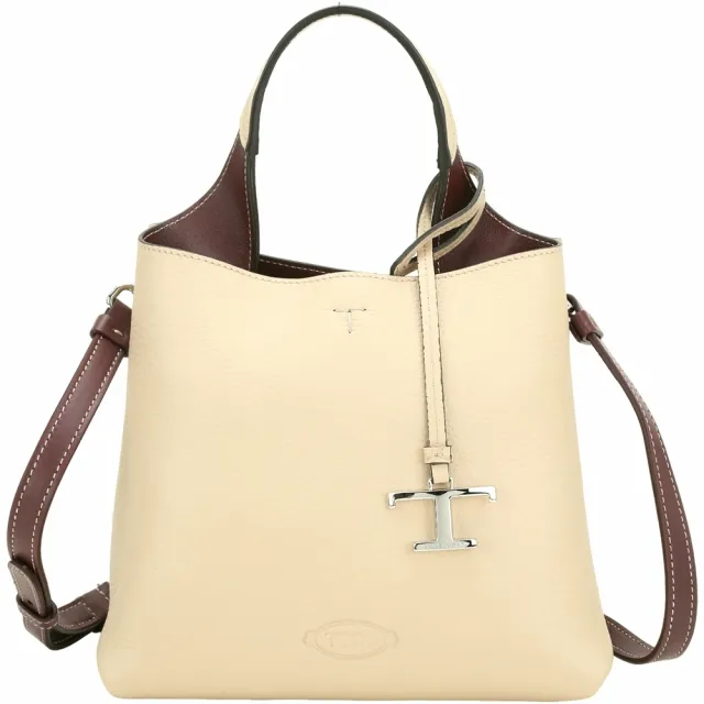 【TOD’S】TODS APA 附T字吊飾荔枝紋小牛皮手提/肩背包-米杏色(義大利手工皮革)
