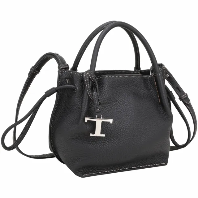 【TOD’S】TODS 小型 T字 荔紋牛皮手提/斜背抽繩水桶包-黑色(義大利手工皮革)
