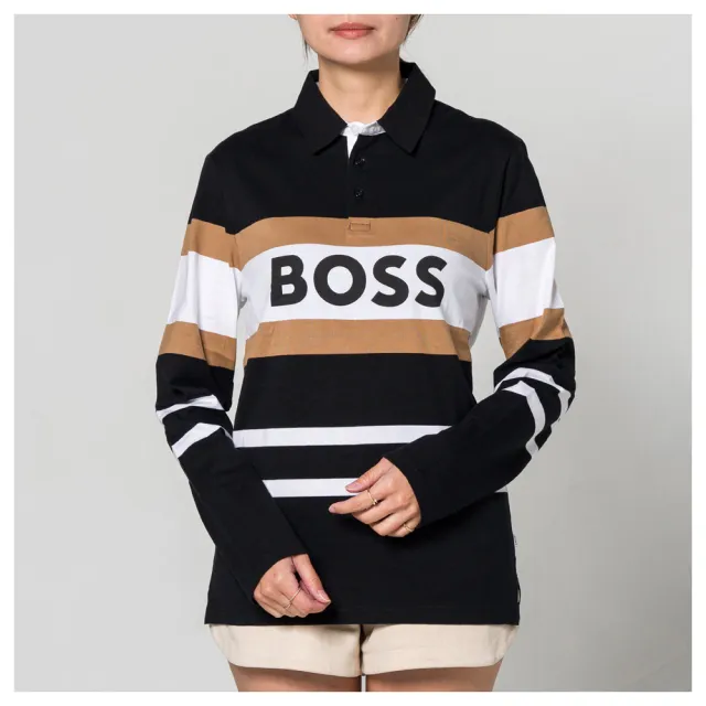 【HUGO BOSS】條紋logo長袖 polo衫(黑/棕/白)(16-M)