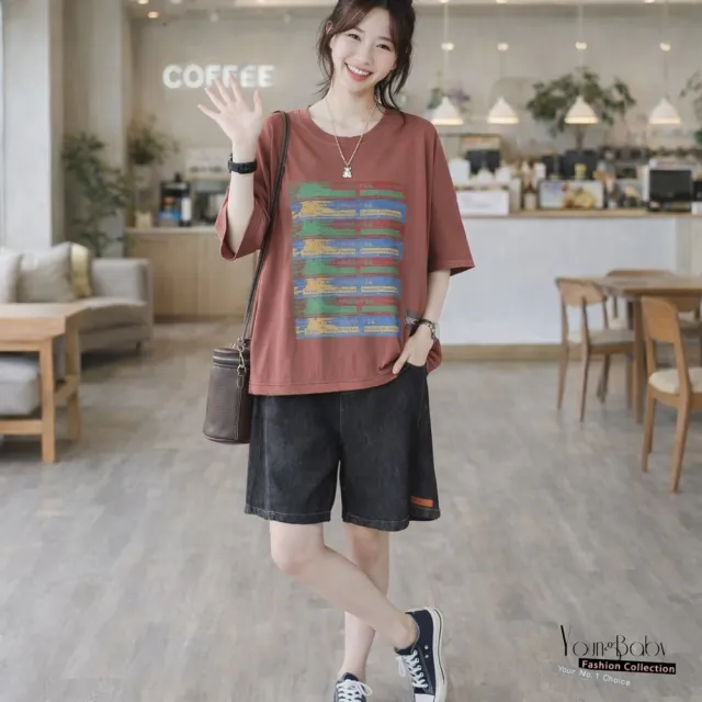 【YOUNGBABY】大方口袋小布標鬆緊牛仔短褲 中大尺碼女裝