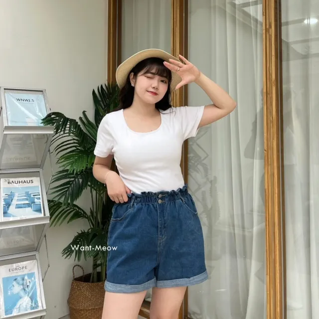 【Want-Meow】100公斤可穿/超彈性顯瘦反摺兩粒扣牛仔短褲中大尺碼短褲牛仔褲(大尺碼/大碼/下著)