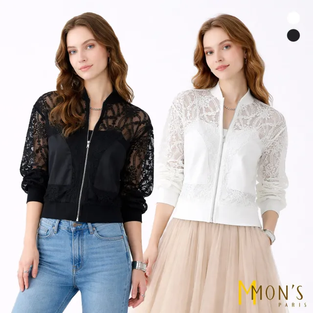 【MON’S】名品蕾絲襯衫感拉鍊外套(直)
