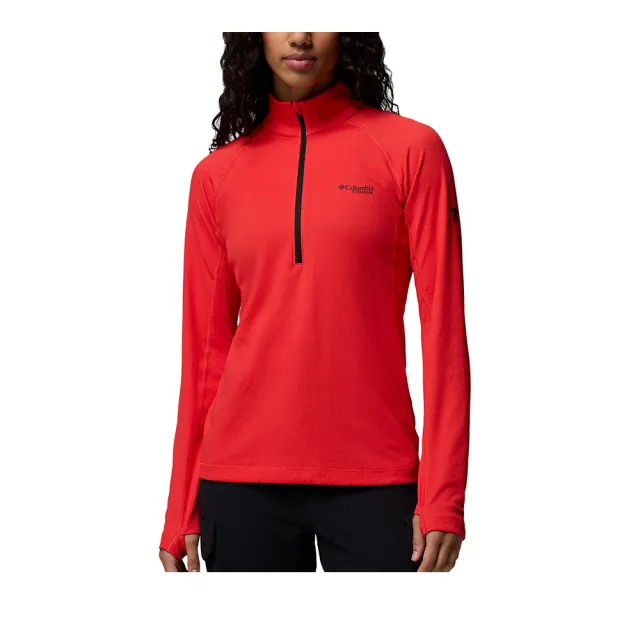 【Columbia 哥倫比亞】女款-防曬UPF50快排半開襟長袖上衣-DriVenture™ Half Zip-鮮紅色(UAR92020ST/KS)