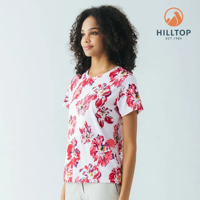 【Hilltop 山頂鳥】Polygiene抗菌吸濕快乾抗UV彈性印花T恤 女款 白底紅花｜PS04XFN8ECFZ