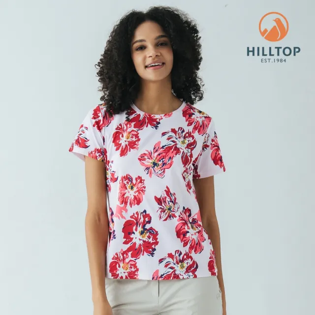 【Hilltop 山頂鳥】Polygiene抗菌吸濕快乾抗UV彈性印花T恤 女款 白底紅花｜PS04XFN8ECFZ
