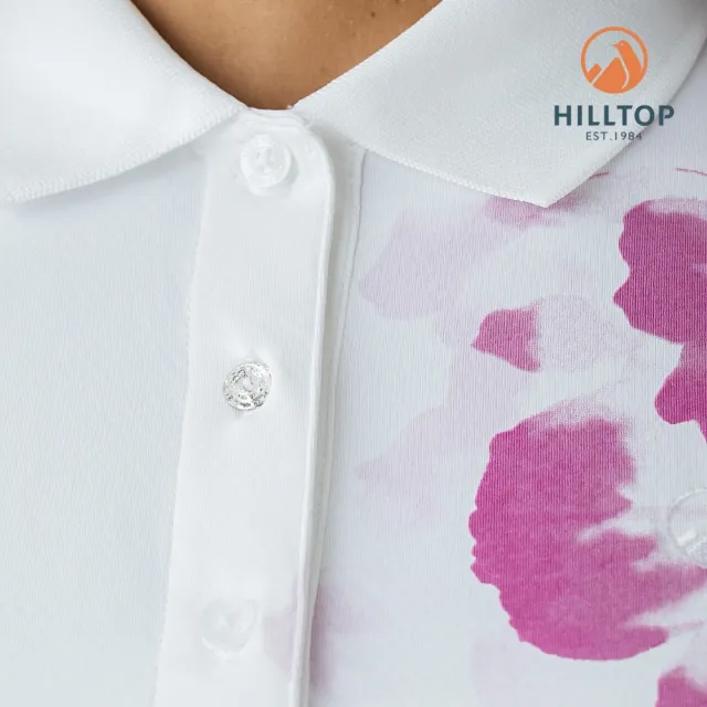 【Hilltop 山頂鳥】Polygiene吸濕快乾抗UV施華洛世奇縫釦彈性印花POLO衫 女款 紫花｜PS14XFM2ECJZ