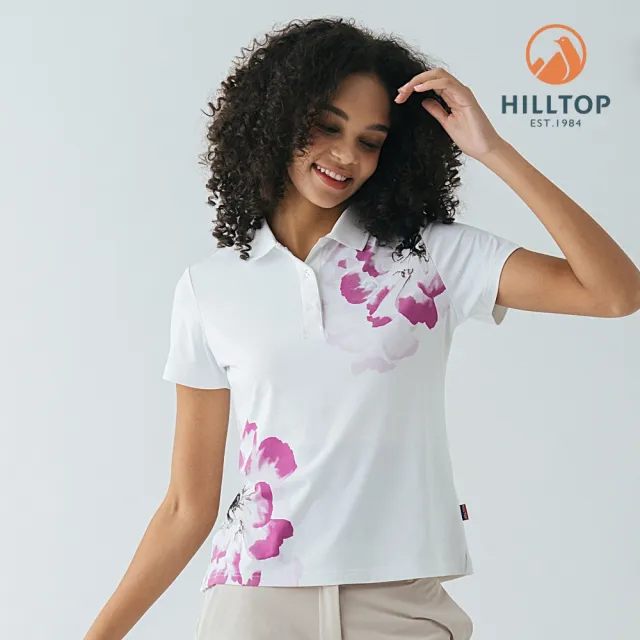 【Hilltop 山頂鳥】Polygiene吸濕快乾抗UV施華洛世奇縫釦彈性印花POLO衫 女款 紫花｜PS14XFM2ECJZ
