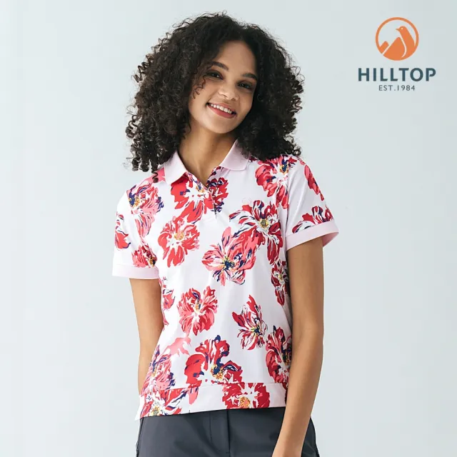 【Hilltop 山頂鳥】Polygiene抗菌吸濕快乾抗UV彈性印花POLO衫 女款 粉底紅花｜PS14XFM5ECFZ