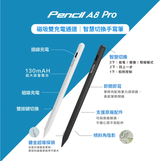 【NovaPlus】Pencil A8 Pro iPad雙充電繪圖手寫筆(適用可書寫最新2025年版iPad)