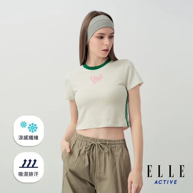 【ELLE ACTIVE】女款 簡約撞色涼感短版短袖T恤-珍珠白色(EA26S2W1602-91)
