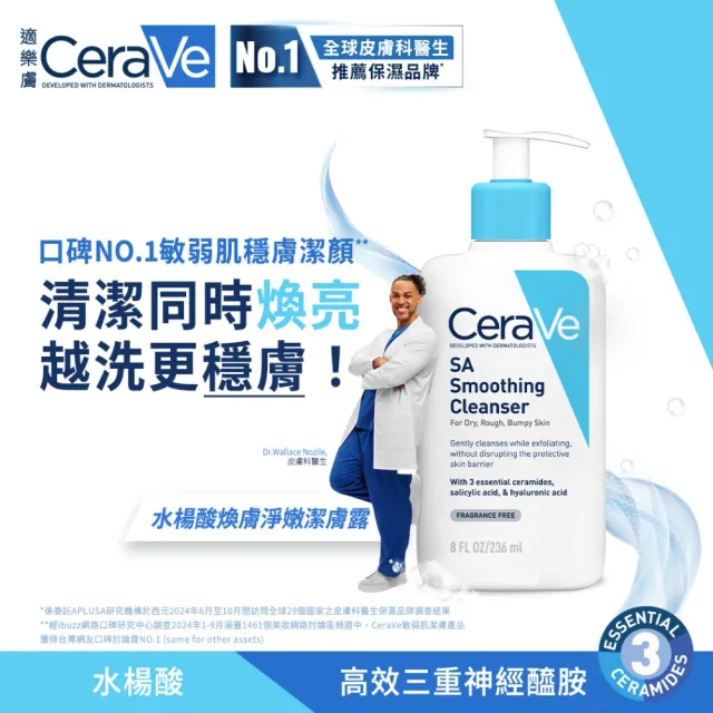 【CeraVe適樂膚】極簡保養全配組★全效水光B5玻尿酸修護精華+水楊酸煥膚淨嫩潔膚露+全效超級修護乳_C