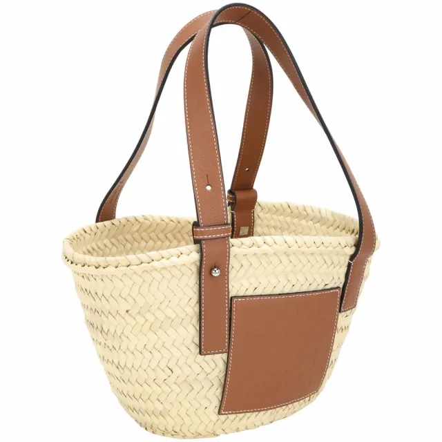 【LOEWE 羅威】Basket 小型 棕櫚葉拼小牛皮編織包 托特包 草編包-棕褐色