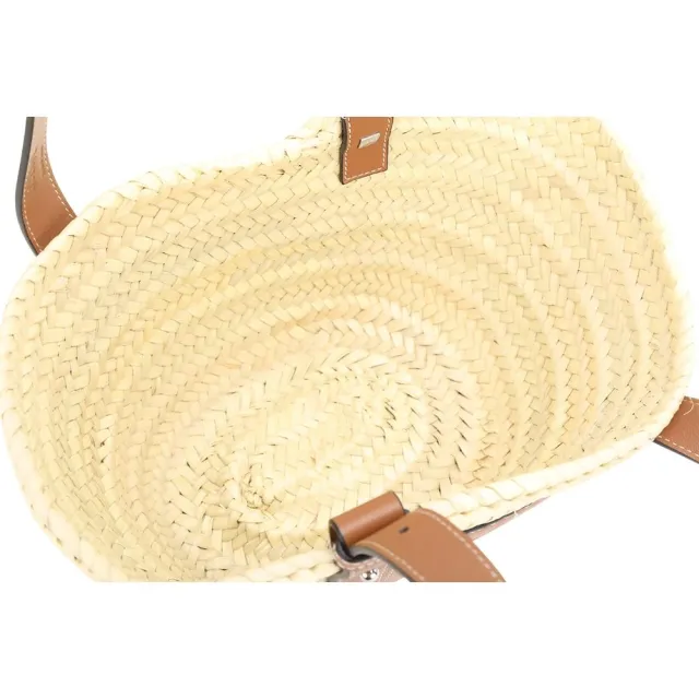 【LOEWE 羅威】Basket 小型 棕櫚葉拼小牛皮編織包 托特包 草編包-棕褐色