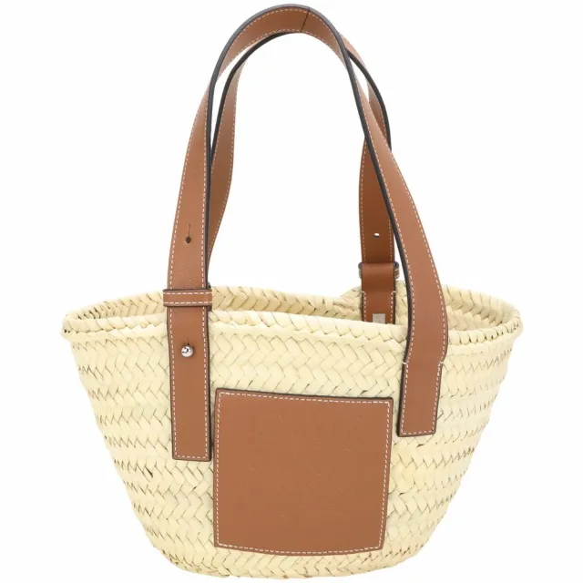 【LOEWE 羅威】Basket 小型 棕櫚葉拼小牛皮編織包 托特包 草編包-棕褐色