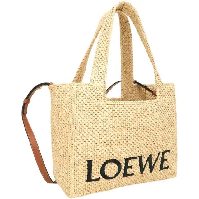 【LOEWE 羅威】Font 中型 字母酒椰纖維編織手提 斜背托特包-棕色皮革