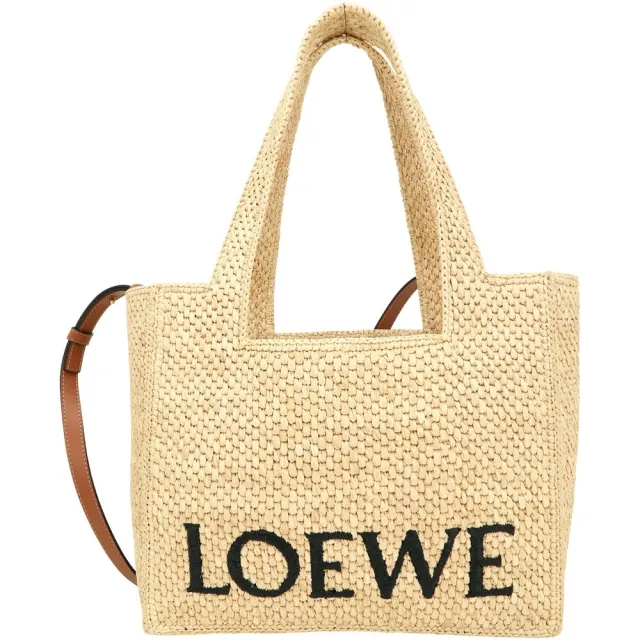【LOEWE 羅威】Font 中型 字母酒椰纖維編織手提 斜背托特包-棕色皮革