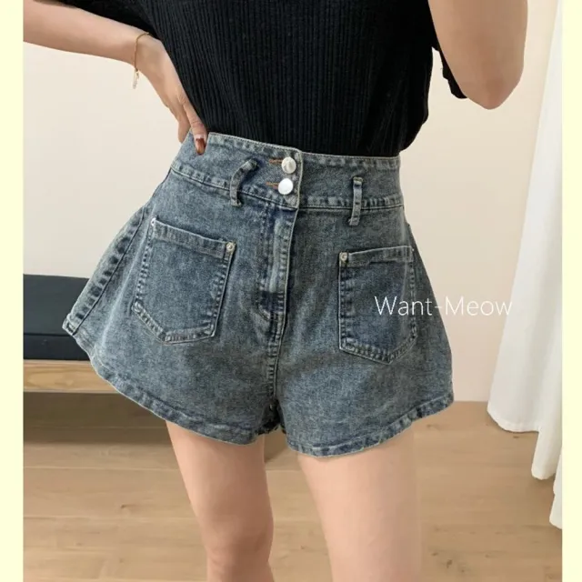 【Want-Meow】90公斤可穿/顯瘦腰細腿長抽鬚寬腰帶A字牛仔短褲中大尺碼短褲牛仔褲(大尺碼/大碼/下著)