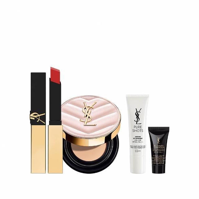 【YSL】官方直營 超模光感奢華彩妝組(超模光感精華水氣墊+奢華煙管柔霧唇膏)