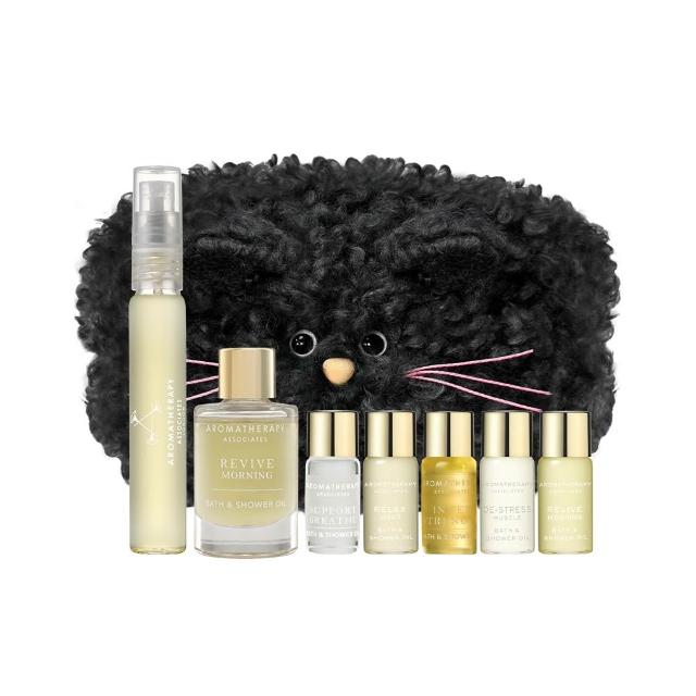 【AA 英國皇家芳療】開運精油香氛8件組(沐浴油9mL+舒緩噴霧10mL+迷你沐浴油禮盒3mLx5+貓咪化妝包)