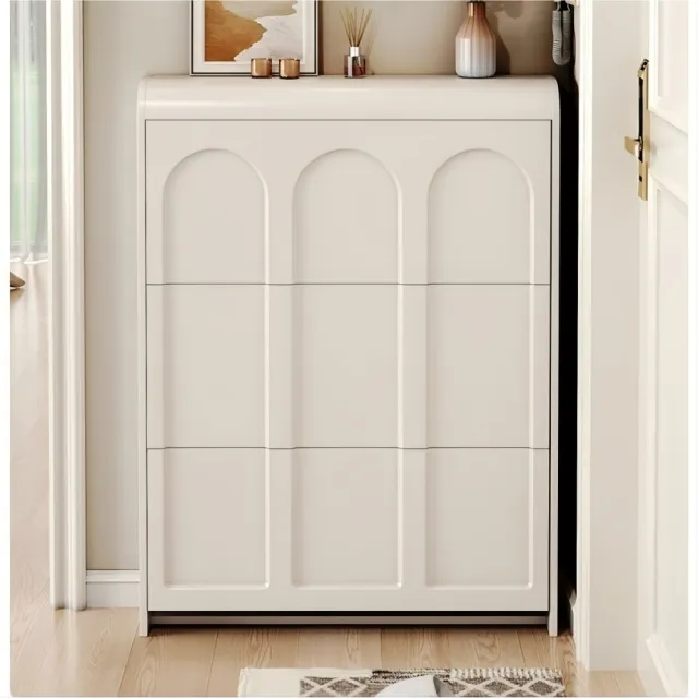 奶油風法式翻鬥鞋櫃（120x17x112cm 白色 E1 級環保板材 超薄收納）