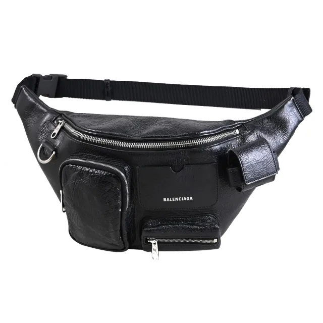 【Balenciaga 巴黎世家】Superbusy 簡約皺褶羊皮多口袋三用肩斜胸口包腰包(黑)
