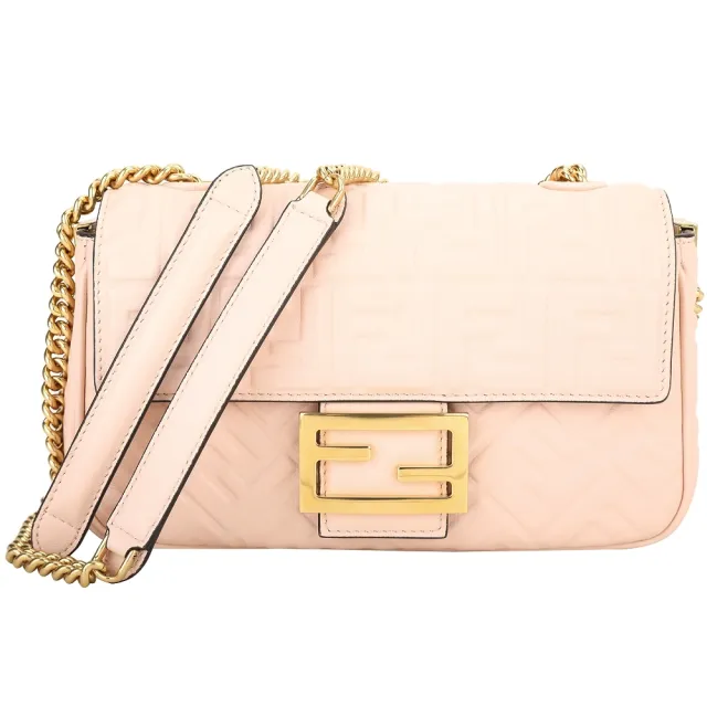 【FENDI 芬迪】Baguette FF 壓花小羊皮鍊帶肩 斜背包-粉色