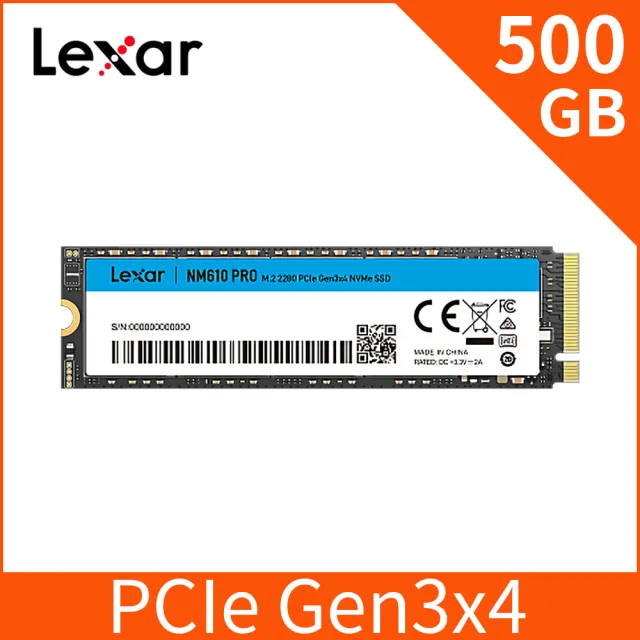 【Lexar 雷克沙】NM610 PRO M.2 2280 PCle Gen3 NVMe 500GB 固態硬碟