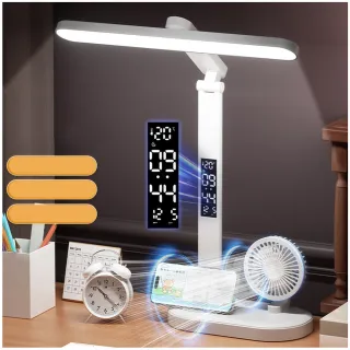 【Kyhome】六合一多功能 LED 護眼檯燈 (自帶風扇/數顯時鐘/手機支架) 摺疊學習桌燈 宿舍辦公必備