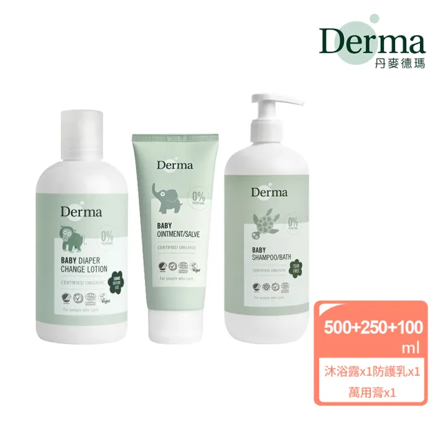 【Derma 丹麥德瑪】寶寶屁屁水嫩呵護組 沐浴露 500ml+萬用膏100ml+乾洗防護乳250ml