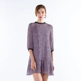 【KeyWear 奇威名品】輕薄舒適豹紋蕾絲拼接七分袖洋裝