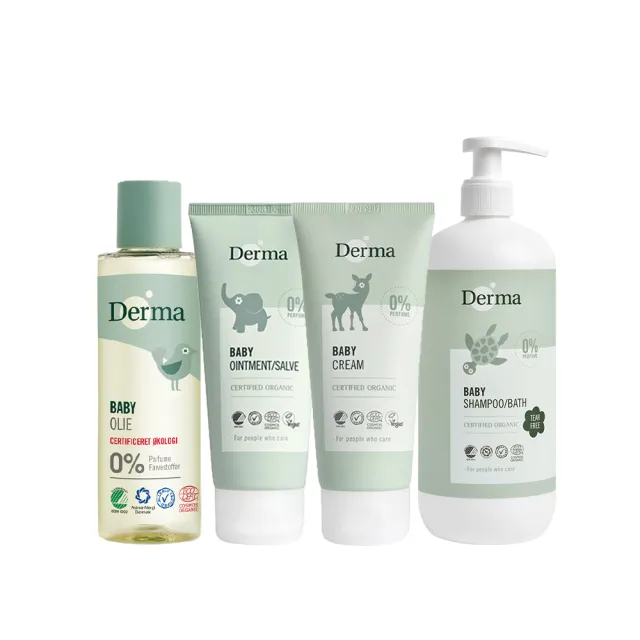 【Derma 丹麥德瑪】寶寶全面呵護四入組(洗髮沐浴露 屁屁膏 乳液 嬰兒油 寶寶超值組 寶寶超值組 彌月禮)